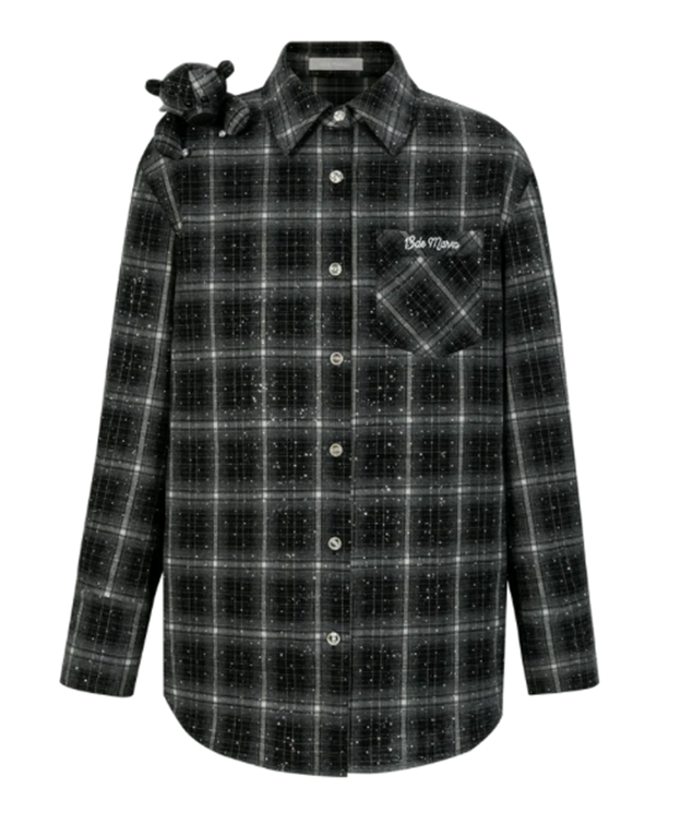 13DE MARZO 1592 BEAR RHINESTONE PLAID SHIRT BLACK