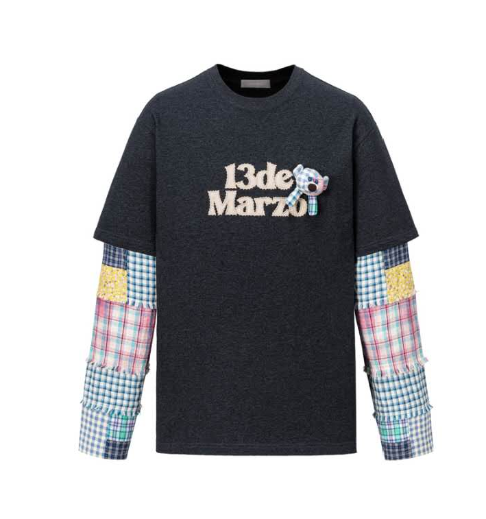 13DE MARZO BEAR PLAID SLEEVE T-SHIRT BLACK