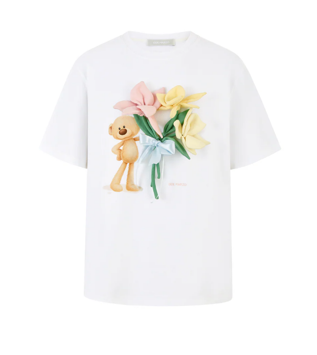13DE MARZO MZ2606101 BEAR OFFERING FLOWERS 3D T-SHIRT WHITE