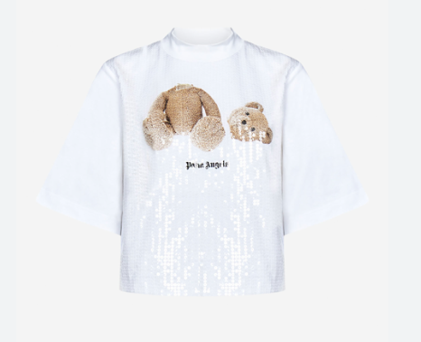 PALM ANGELS PWAA020F22JER0060160 BEAR FITTED SEQUIN TEE WHITE